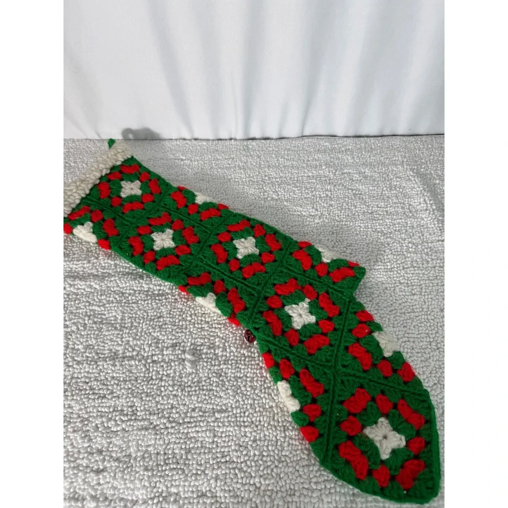VTG Hand Crocheted Christmas Stockings Red Green White Holly Star Motif Set of 2